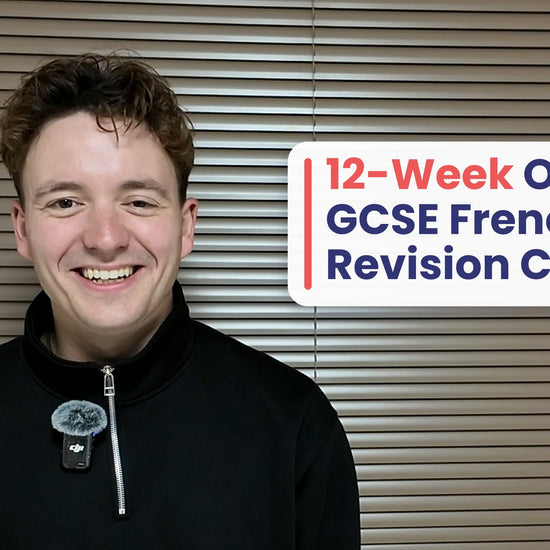 Kieran, a French tutor, sits in front of window blinds and introduces the 12-week online GCSE French revision course. On-screen text covers the live Tuesday and Thursday 7:30pm classes, groups of 10, the first classes on 5 and 7 January 2027, and the £200 early bird price until 15 November.