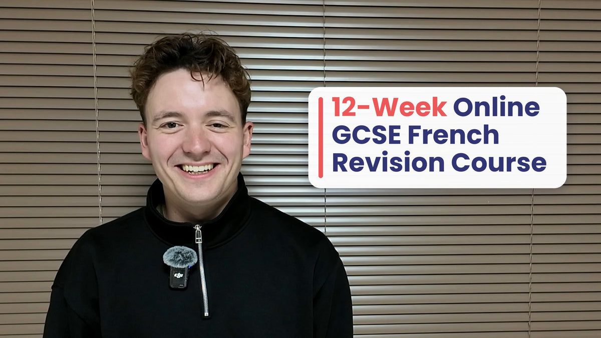 Kieran, a French tutor, sits in front of window blinds and introduces the 12-week online GCSE French revision course. On-screen text covers the live Tuesday and Thursday 7:30pm classes, groups of 10, the first classes on 5 and 7 January 2027, and the £200 early bird price until 15 November.